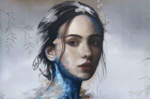 Oil portrait painting of a woman with blue paint